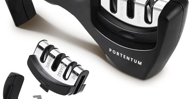 PORTENTUM Aiguiseur couteaux professionnel manuel pour couteaux de cuisine 3 phases – Affuteur de couteaux avec design ergonomique avec finition noire/chromée – Le détail qui change tout au quotidien