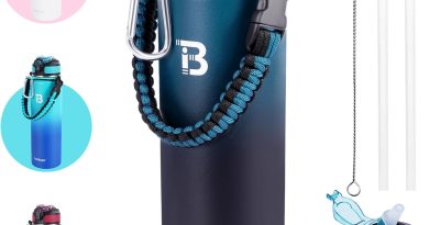 Bouteille isotherme en acier inoxydable double paroi, avec couvercles à paille et bec verseur, poignée en paracorde, anti-transpiration, sans BPA, 950 ml, bleu/noir – Le détail qui change tout au quotidien