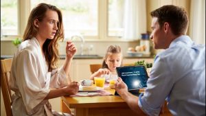 Au petit-déjeuner, notre fille a dit : 'Maman a encore dormi chez Jake'