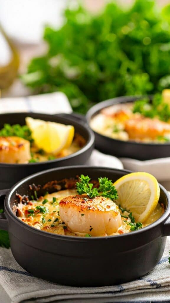 Cassolette de noix de Saint-Jacques gratinée au four