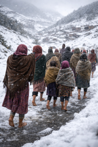 Femmes et enfants sous la neige pour manifester