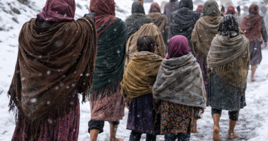 Femmes et enfants sous la neige pour manifester
