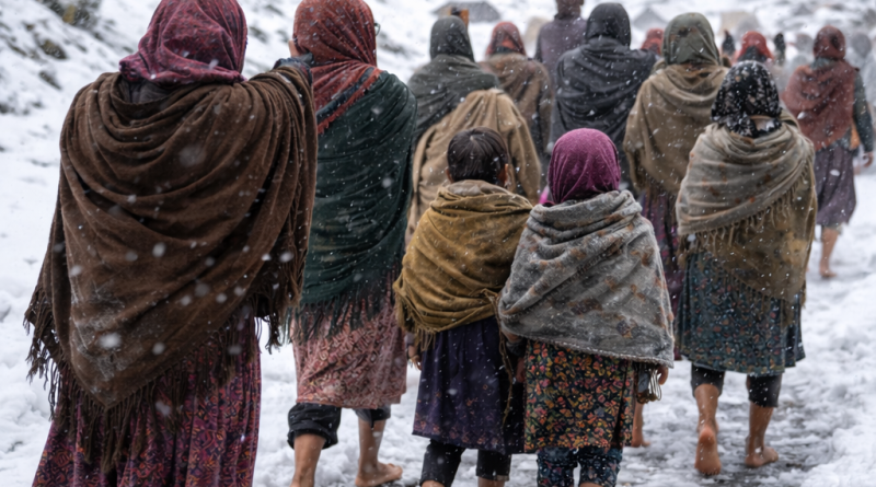 Femmes et enfants sous la neige pour manifester