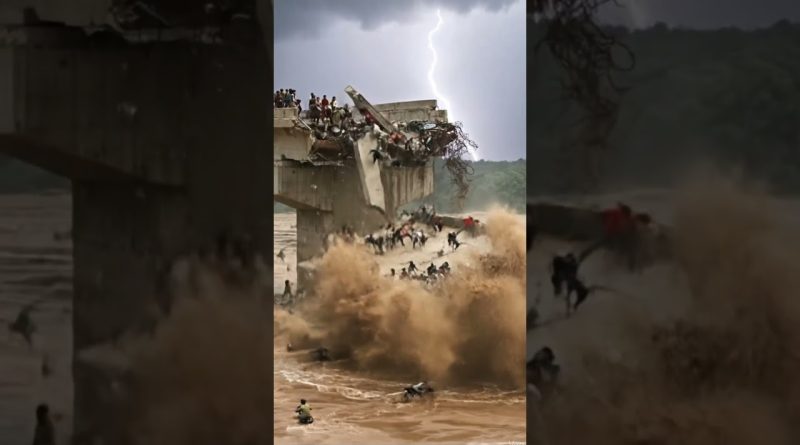 Effondrement d'un pont en béton dans une rivière en furie