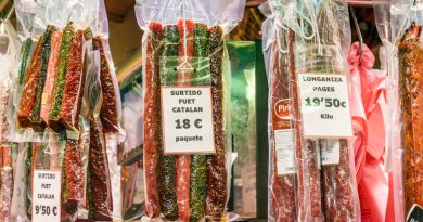 Spain, Barcelona, Mercat de la Boqueria, public market, sausage vendor display
