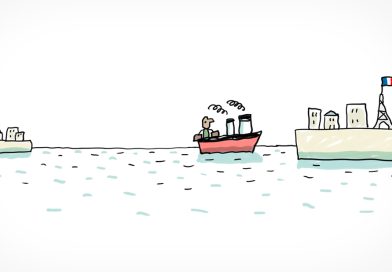 Un bateau transportant un personnage avec des valises traverse une mer de la gauche vers la droite. À gauche son pays d'origine qu'il quitte. À droite la France, où il va bientôt accoster, que l'on reconnait car il y a la Tour Eiffel.