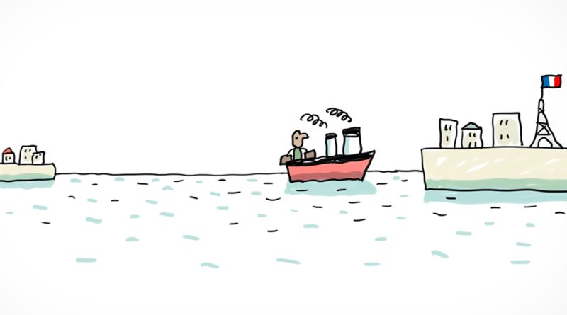 Un bateau transportant un personnage avec des valises traverse une mer de la gauche vers la droite. À gauche son pays d'origine qu'il quitte. À droite la France, où il va bientôt accoster, que l'on reconnait car il y a la Tour Eiffel.