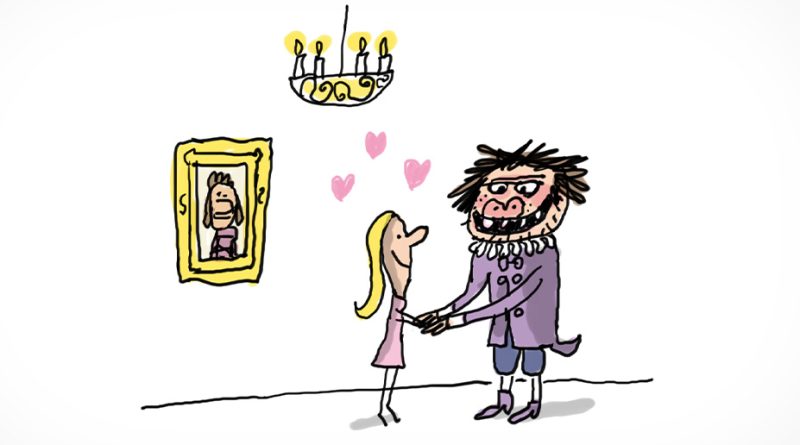 Une belle jeune femme et un monstre poilu se tiennent amoureusement par la main. On voit un tableau avec un jeune homme noble derrière eux.