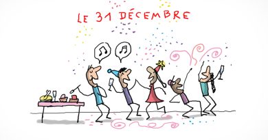 Cinq personnes font la fête ensemble, chantent et dansent. On voit des confettis autour d'eux et une table remplit de bons plats sur la gauche.