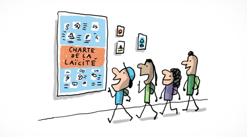 Quatre élèves marchent dans les couloirs de leur école. Ils regardent ensemble une affiche sur laquelle est inscrit : "Charte de la laïcité".