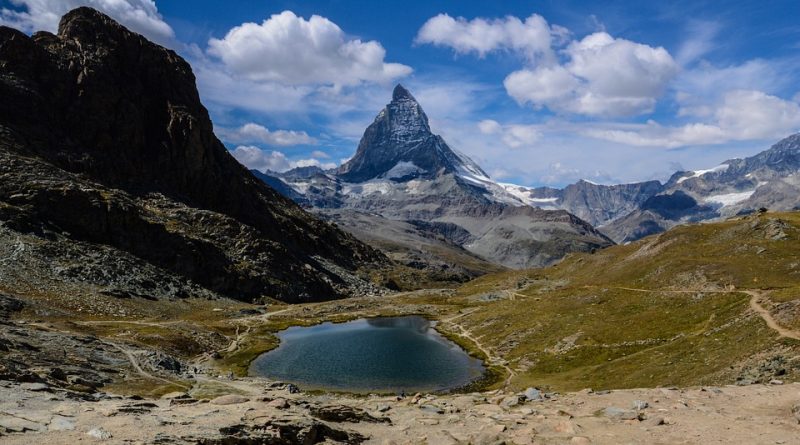 Switzerland, Alps, Matterhorn, lake, mountains, Swiss flag, Geneva