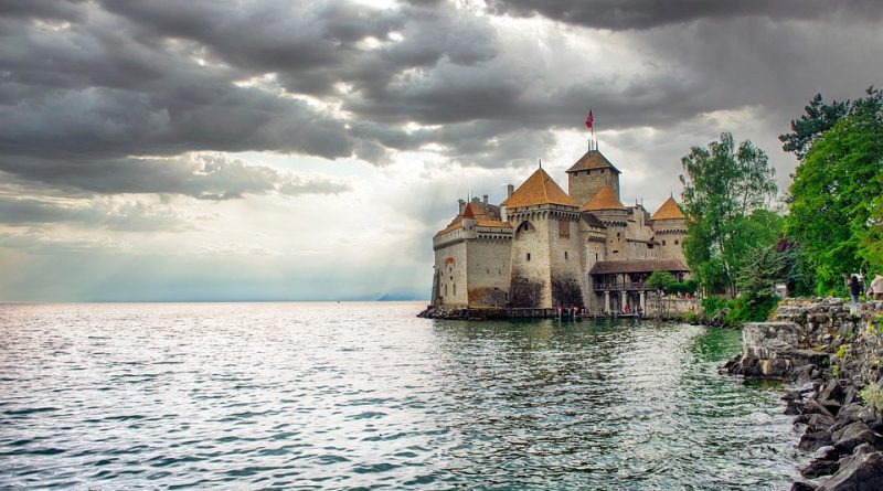 Switzerland, Alps, Matterhorn, lake, mountains, Swiss flag, Geneva
