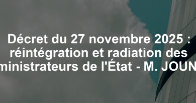 Décret du 27 novembre 2025 : réintégration et radiation des administrateurs de l'État - M. JOUNOT