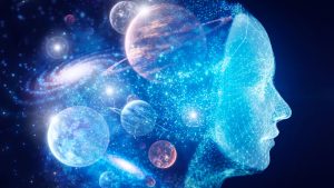 An illustration of a human head made of glowing dots facing right with glowing planets from our solar system at the back of its head all against a dark blue background