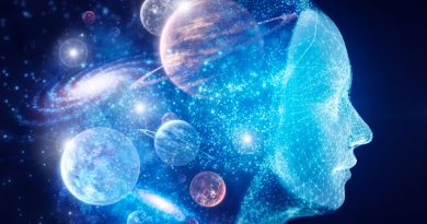 An illustration of a human head made of glowing dots facing right with glowing planets from our solar system at the back of its head all against a dark blue background