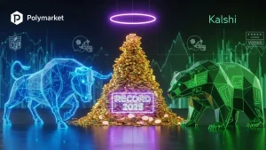 Illustration des records du marché de prédiction en 2025 avec la rivalité entre Polymarket et Kalshi.