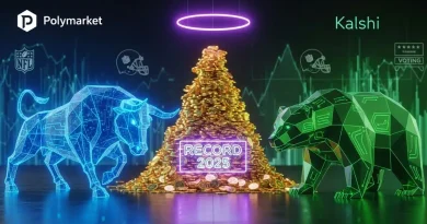Illustration des records du marché de prédiction en 2025 avec la rivalité entre Polymarket et Kalshi.