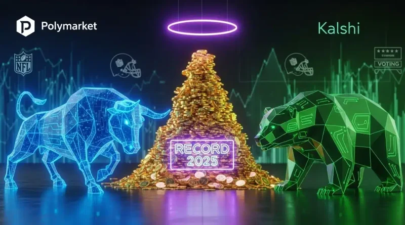 Illustration des records du marché de prédiction en 2025 avec la rivalité entre Polymarket et Kalshi.