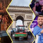 Image constituée de 3 photos. À gauche : une manifestation en Iran. Au centre : un camion devant l'Arc de Triomphe. À droite : le gagnant au tournoi "One point slam"