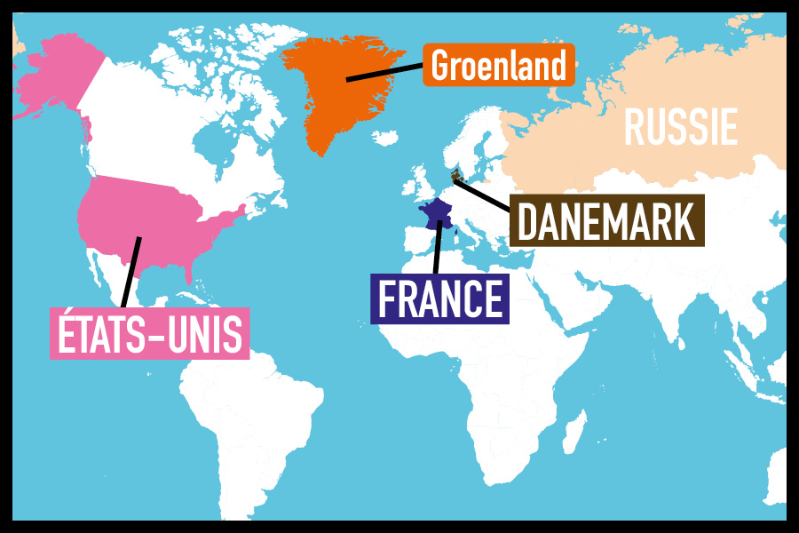 carte montrant la France, les États-Unis, le Groenland, le Danemark et la Russie.