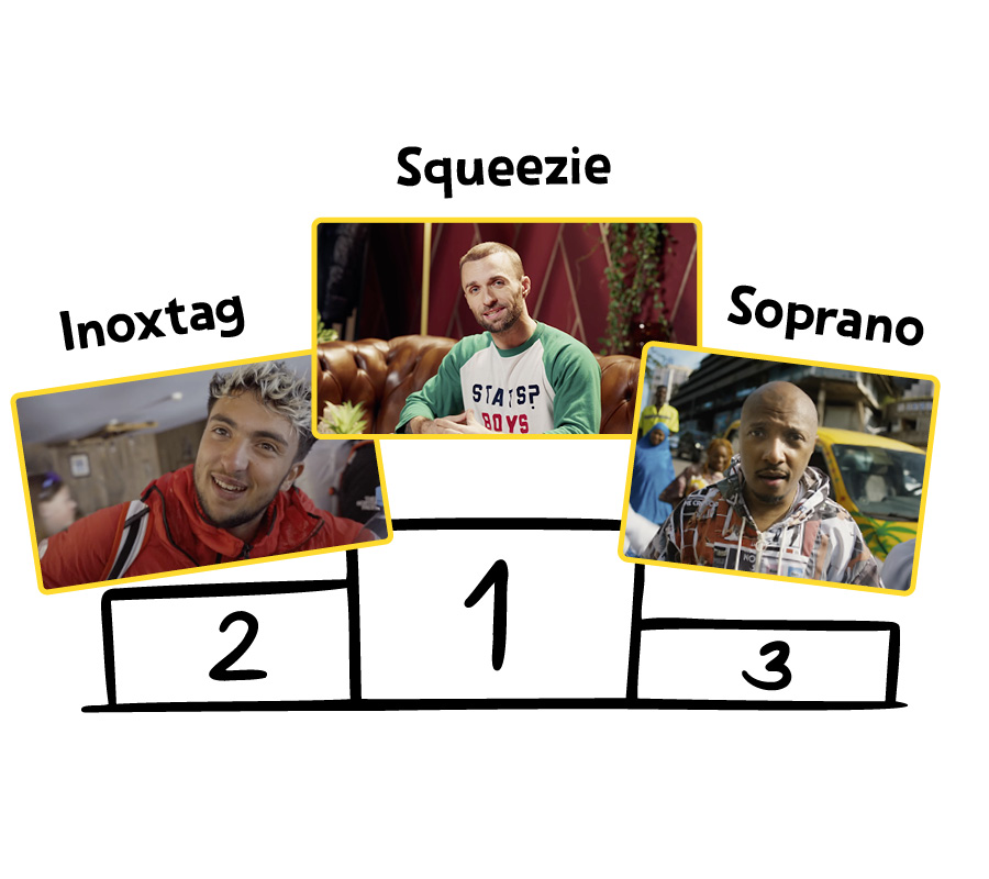 un podium illustré avec les photos des stars. Squeezie à la première marche, Inoxtag à la deuxième et Soprano à la troisième