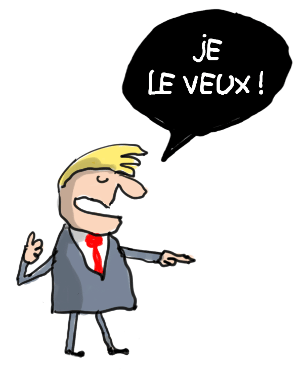 illustration de Donald Trump avec une bulle dans laquelle est écrit :'Je le veux !'