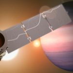 The Pandora spacecraft with an exoplanet and two stars in the background