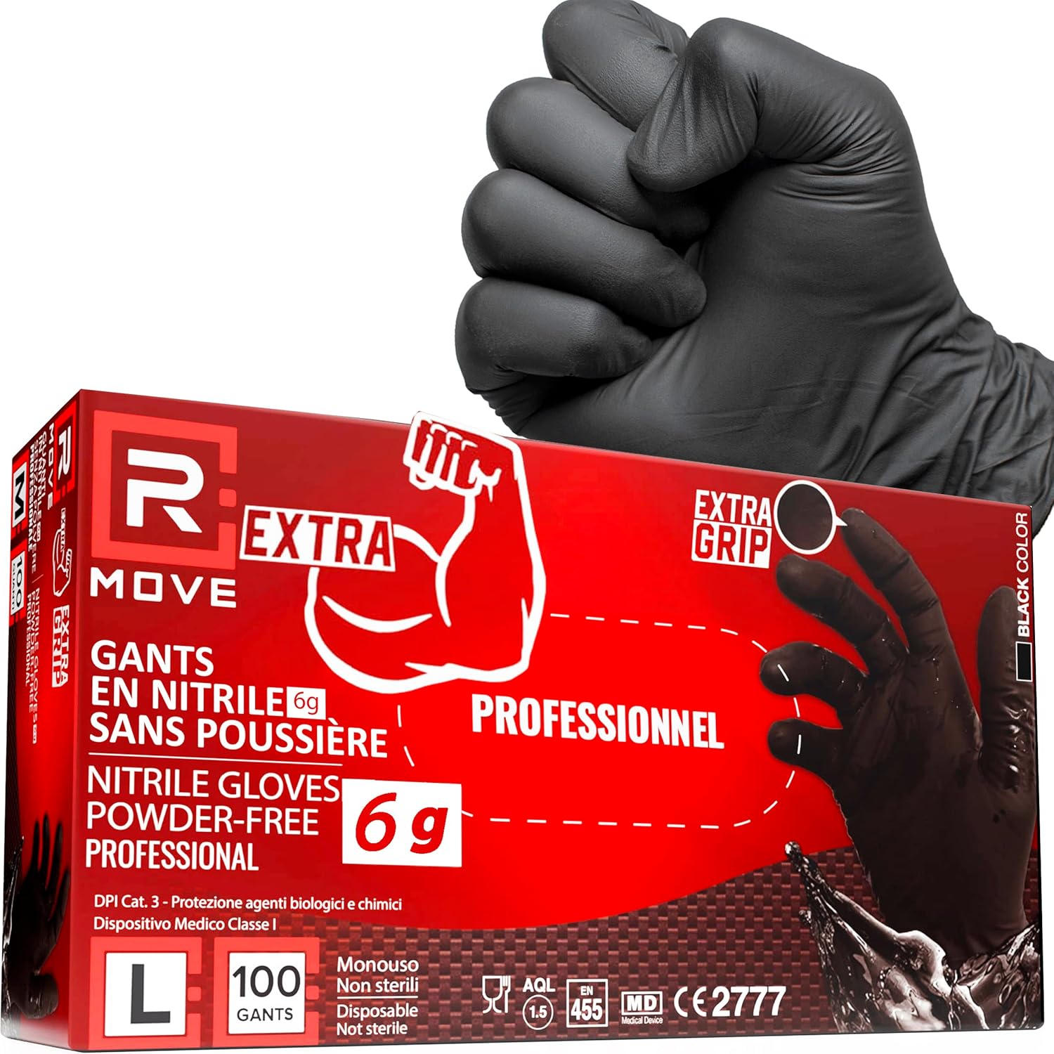 R MOVE 100 gants en nitrile jetables noirs taille L, 6g extra résistants +60% d’épaisseur au niveau des doigts par rapport aux gants 3,5 g, non poudrés, sans latex (L) – Le détail qui change tout au quotidien