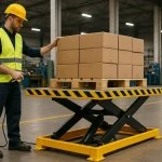 Opérateur utilisant une table élévatrice à ciseaux pour la manutention de colis sur palette dans un entrepôt en France, garantissant ergonomie et sécurité CE - tables élévatrices