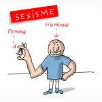 Un homme musclé avec un sourire malicieux tient une toute petite femme entre ses doigts. C'est l'illustration du sexisme.