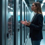 Jeune femme expliquant un ordinateur quantique dans un laboratoire futuriste