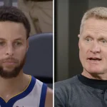 La superstar NBA des Golden State Warriors, Stephen Curry (gauche) et son entraineur, Steve Kerr (droite)