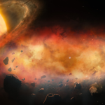 Illustration shows a disk of planetary debris and its shroud of gas and dust passing in front of a star