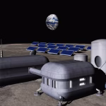 Une tour de panneaux solaires pour alimenter une base lunaire en énergie.