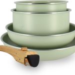 MENASTYL – Batterie de Cuisine Amovible Empilable – Tous Feux Dont Induction – Revêtement Céramique Antiadhésif sans PFAS – Gamme Colorama – Couleur Céladon – 2 Poêles + 2 Casseroles + 1 Poignée