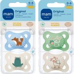 MAM Original // latex // lot de 4 sucettes en latex de caoutchouc naturel de 0-6 mois // et 2 boîtes de transport stériles incluses