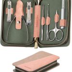 Kit Manucure Pedicure, Coupe Ongle Professionnel Coupe Cuticule Acier Inoxydable, Trousse Manucure Pedicure Set de 7pcs avec Exquis Étui en cuir (Marron et Rose)