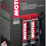Motul – Kit d&rsquo;entretien Chaîne Moto Routière de Compétition – Nettoyant MC Care Chain Clean C1 400ml + Lubrifiant MC Care Chain Lube Factory Line C4 400ml + Brosse Non Abrasive