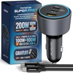 PORTENTUM Charger Allume Cigare USB C 200W Triple – Cadeau Cable USB C Charge Rapide – Charger Voiture – 2X USBC PD 100W + USBA QC 18W – Prise Allume Cigare 12V pour iPhone iPad MacBook Android
