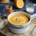 Velouté de carottes, orange et gingembre dans une casserole blanche, prêt à servir