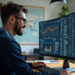 Jeune homme examinant des données sur un grand écran courbe