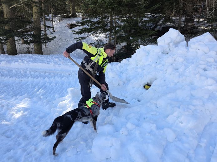 Le maître-chien et son camarade à quatre pattes étaient en action.