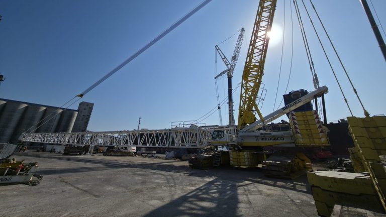 Installation d'une grue à Sète pour remplacer celle tombée sur un cargo lors de la tempête Nils