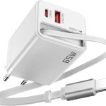 KAIMENGLONG Chargeur USB-C GaN 65 W 3 Ports Chargeur Rapide avec Câble de Recharge Rétractable de 65 cm Chargeur pour iPhone 17, 17 Air, 16, 15, Pro Max, iPad, MacBook, Samsung Series (Blanc)