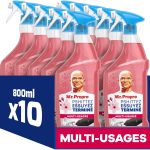 Mr. Propre Spray Nettoyant Multi-Usages, Grand Format (800ml x10), Parfum Fleurs De Cerisier, Élimine Jusqu&rsquo;à 99.9% des Bactéries, Sans Traces, Fraîcheur Longue Durée