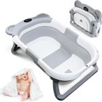Baignoire pour Bébé Pliable avec Coussin Antidérapant et Thermomètre, Baignoire Portable avec Cadre, Idéale pour Voyages et Douches pour Bébé