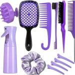 12 Pièces Ensemble de Brosses Démêlantes Cheveux Bouclés Ensemble de Brosses Démêlantes Peigne à Dents Larges Peigne à Queue Vaporisateur et Pinces à Cheveux pour Soins Capillaires à (Violet)