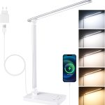 Akynite Lampe de Bureau LED avec 2A Adaptateur, 5 Couleur 10 Niveaux de Luminosité, Lampe de Chevet Dimmable Tactile avec Timer Fonction Mémoire, Port USB-C, pour Lecture Travail, Blanc