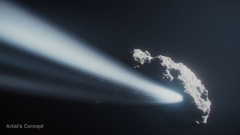 An artist's illustration of a rocky object in space with a jet of light/matter coming out of it.