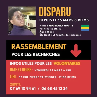 Un rassemblement est prévu ce vendredi 27 mars à Reims pour tenter de retrouver Mathieu Moubamba Mouity.